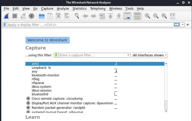 Запуск Wireshark Kali Linux