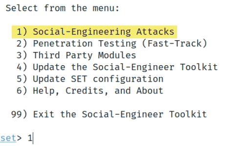 Меню Social Engineering Toolkit Kali Linux