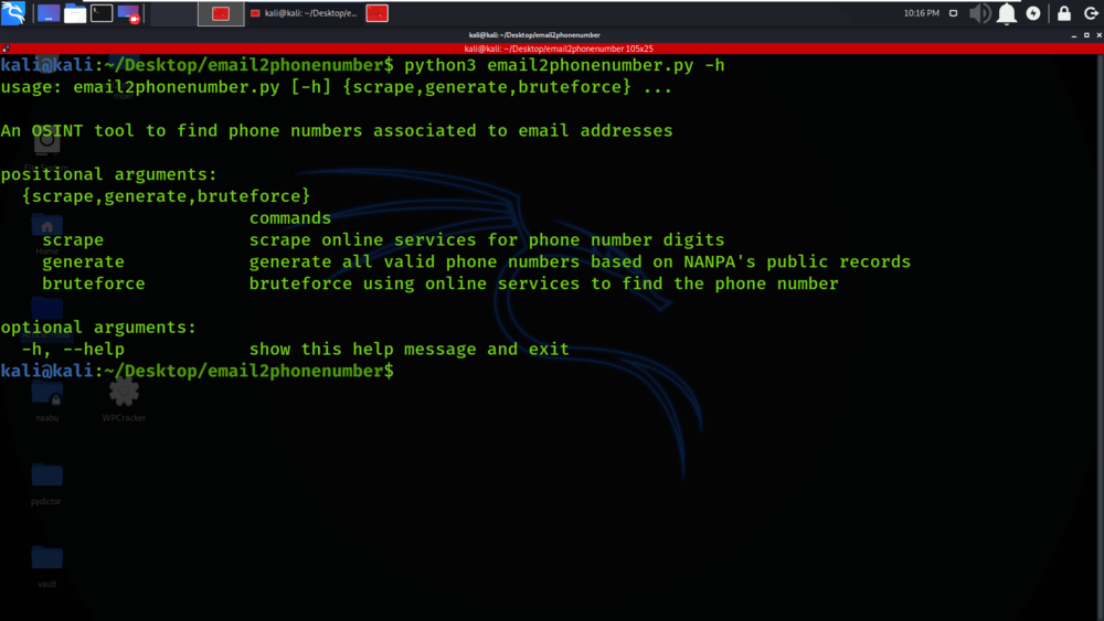 Email2phonenumber Использование Kali Linux
