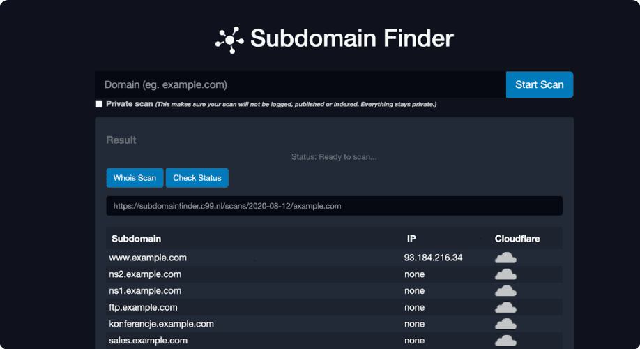 Поиск всех поддоменов онлайн Subdomainfinder
