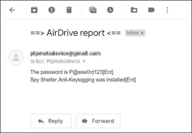 Отчет, присланный кейлоггером, с компьютера, где установлен Spy Shelter