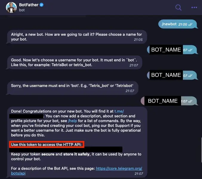 Настройка BotFather Telegram API для получения уведомлений