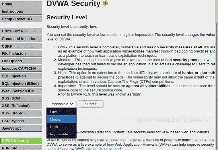 Изменение уровня безопасности в DVWA
