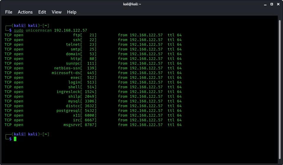 Unicornscan обычное сканирование Kali Linux