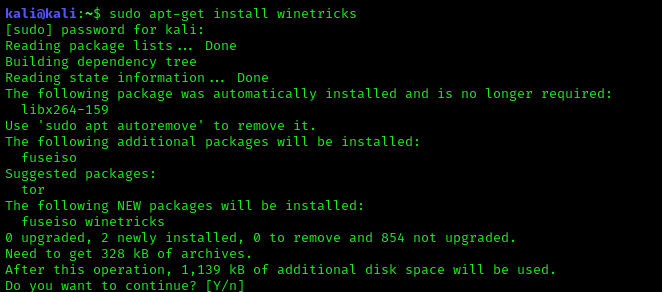 Установка дополнения Wine Winetricks Kali Linux