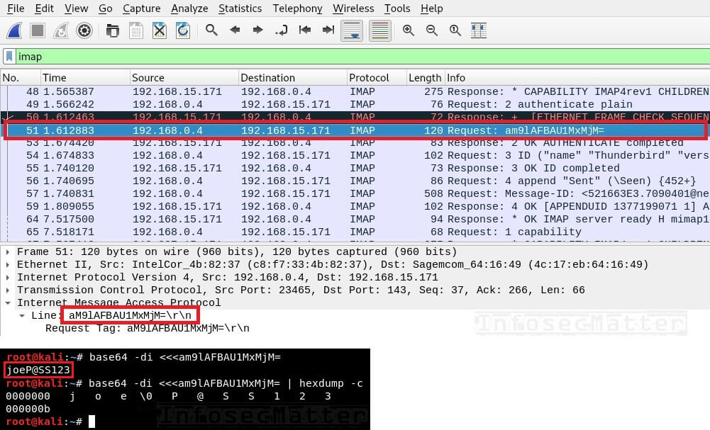 Перехват аутентификации IMAP4 с помощью Wireshark